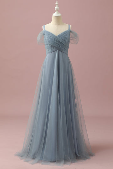 Robe de demoiselle d’honneur junior en tulle d’épaule froide gris bleu